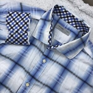 Jack Stone Thomas Dean Button Shirt Men L White Blue Plaid Flip Cuff Long Sleeve